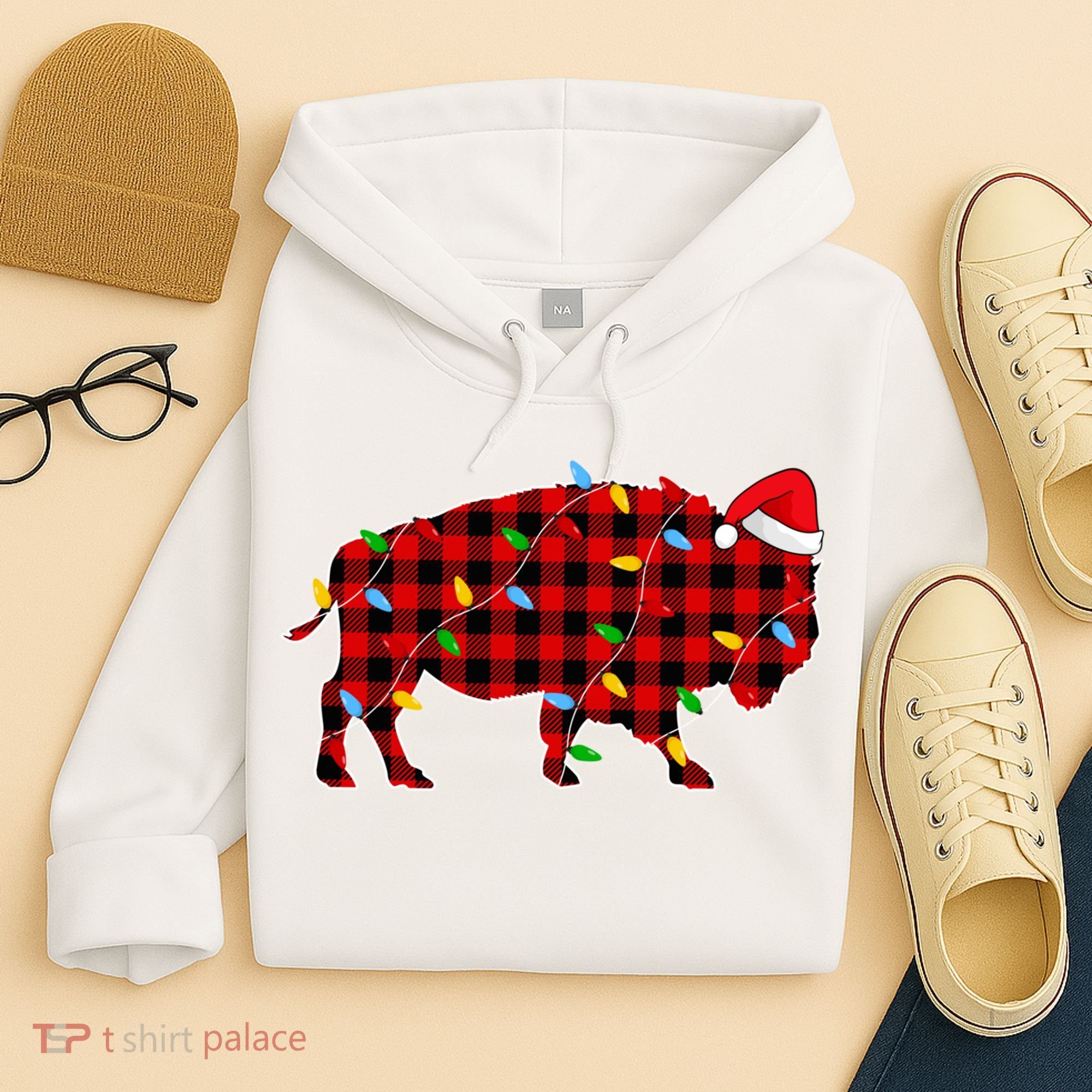 Red Plaid Christmas Lights Pajama Bison Animals Lover Gift Hoodie