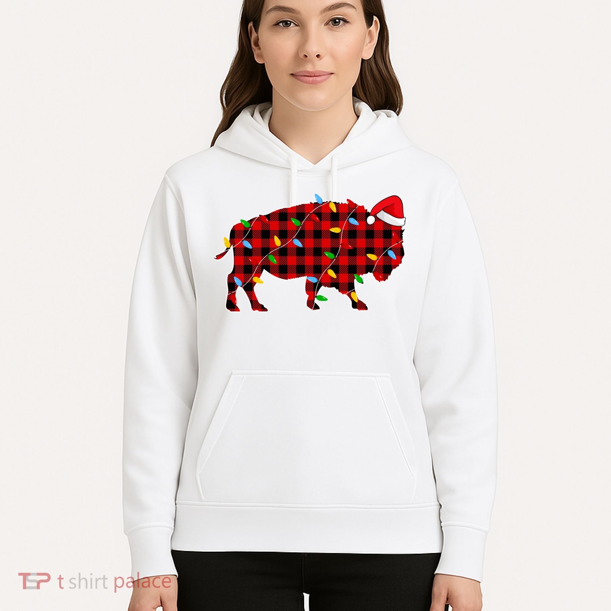 Red Plaid Christmas Lights Pajama Bison Animals Lover Gift Hoodie