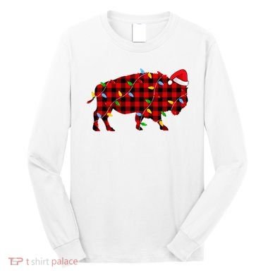 Red Plaid Christmas Lights Pajama Bison Animals Lover Gift Long Sleeve Shirt