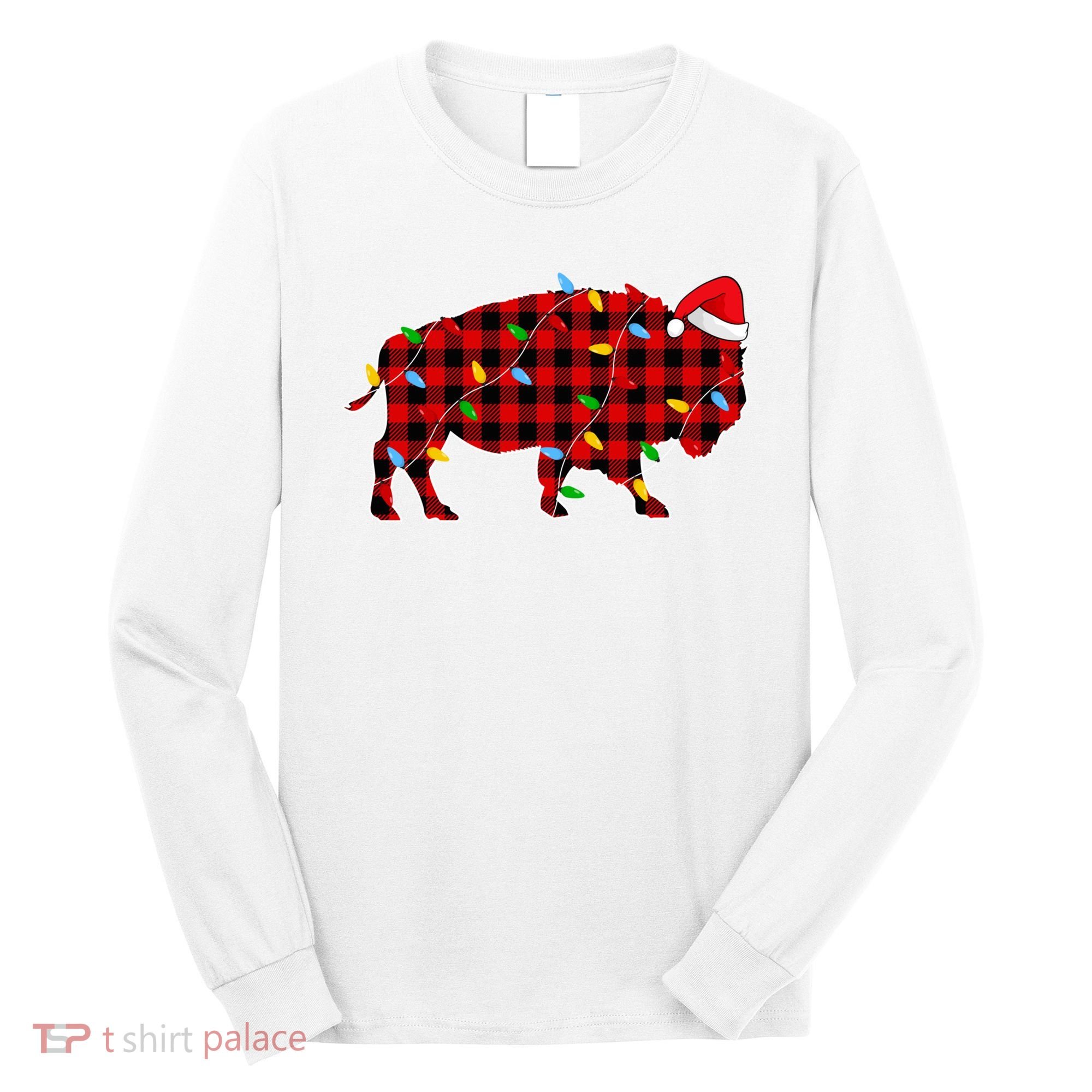 Red Plaid Christmas Lights Pajama Bison Animals Lover Gift Long Sleeve Shirt