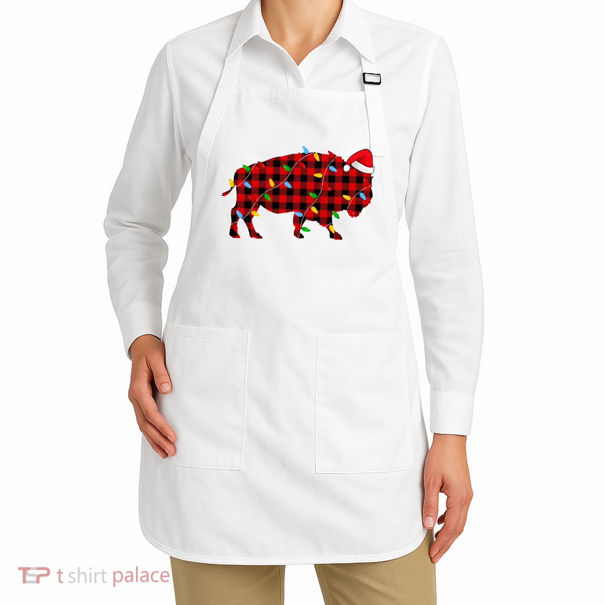 Red Plaid Christmas Lights Pajama Bison Animals Lover Gift Apron