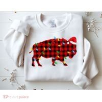 Red Plaid Christmas Lights Pajama Bison Animals Lover Gift Sweatshirt thumb 2