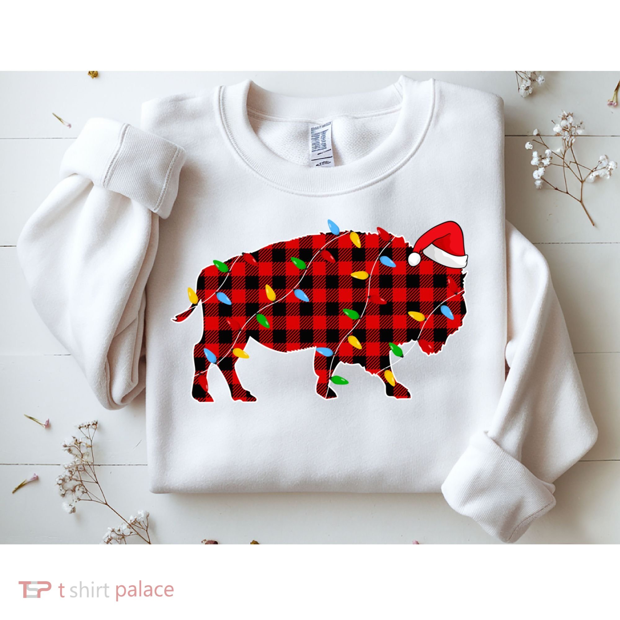 Red Plaid Christmas Lights Pajama Bison Animals Lover Gift Sweatshirt