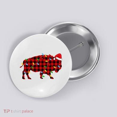 Red Plaid Christmas Lights Pajama Bison Animals Lover Gift Button