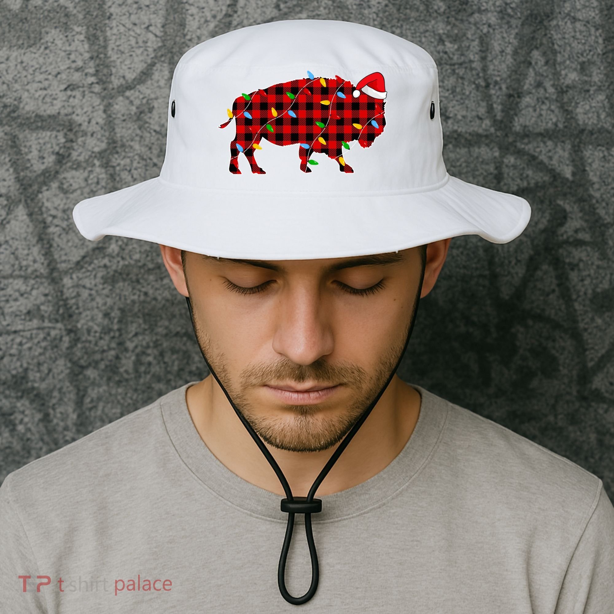 Red Plaid Christmas Lights Pajama Bison Animals Lover Gift Bucket Hat