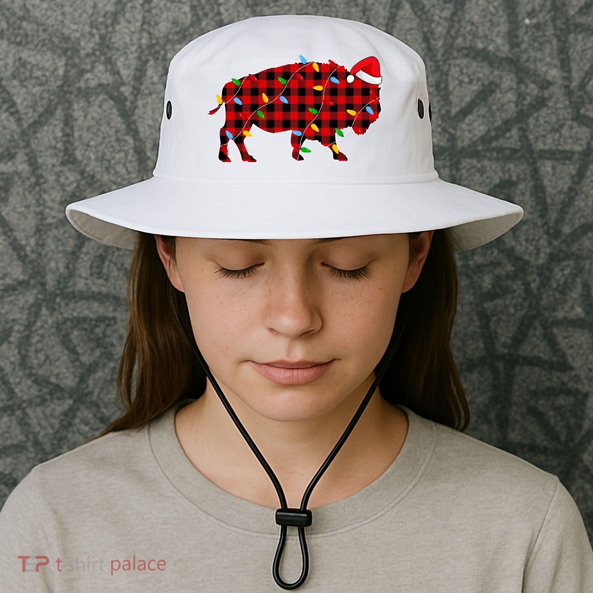 Red Plaid Christmas Lights Pajama Bison Animals Lover Gift Bucket Hat