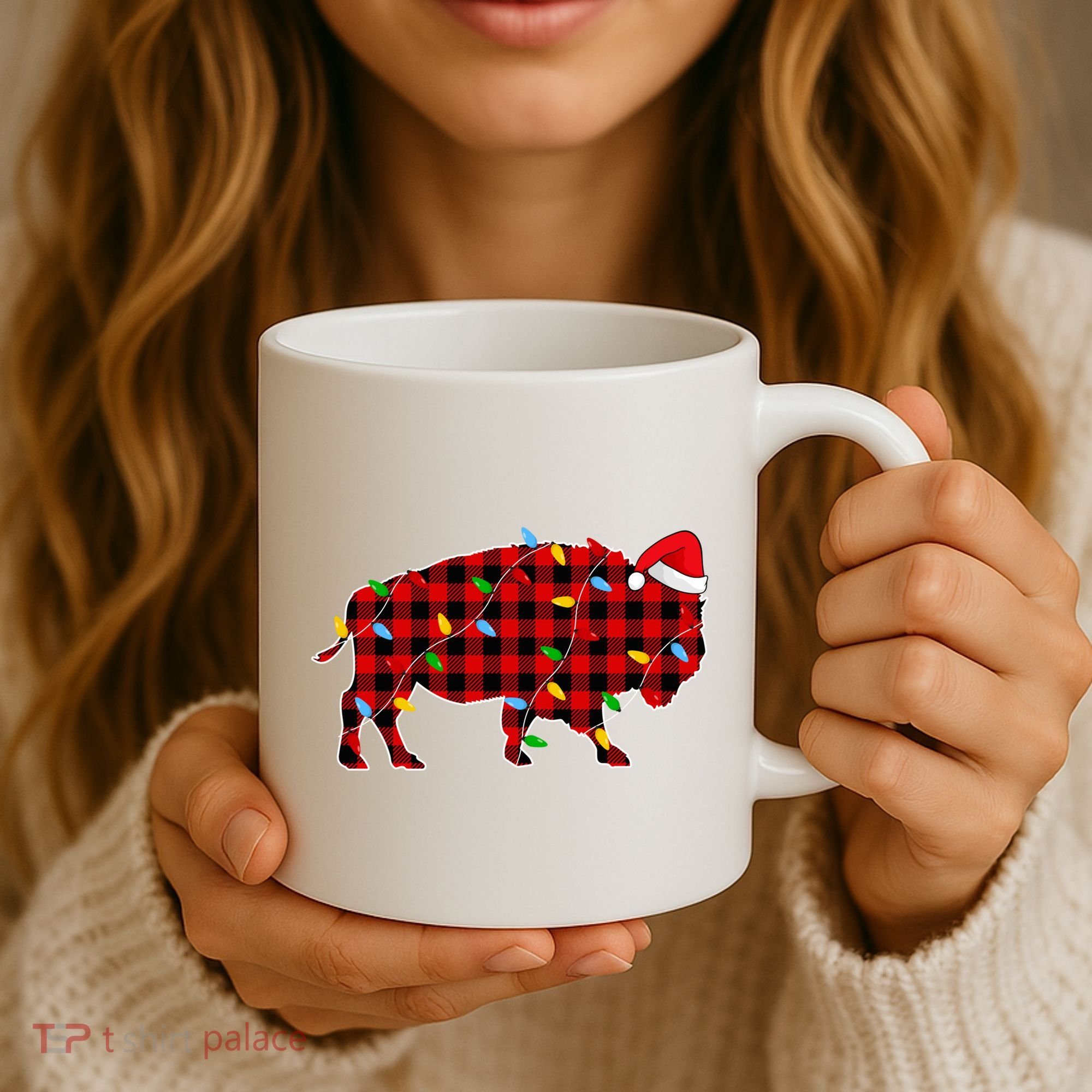 Red Plaid Christmas Lights Pajama Bison Animals Lover Gift Coffee Mug