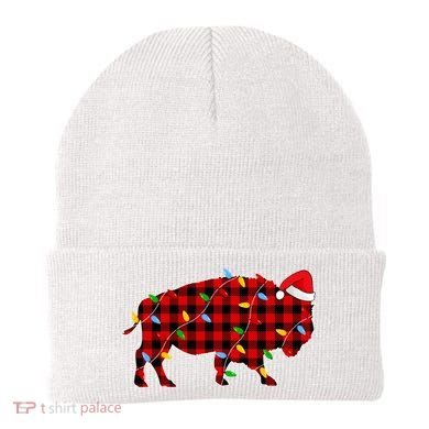Red Plaid Christmas Lights Pajama Bison Animals Lover Gift Beanie