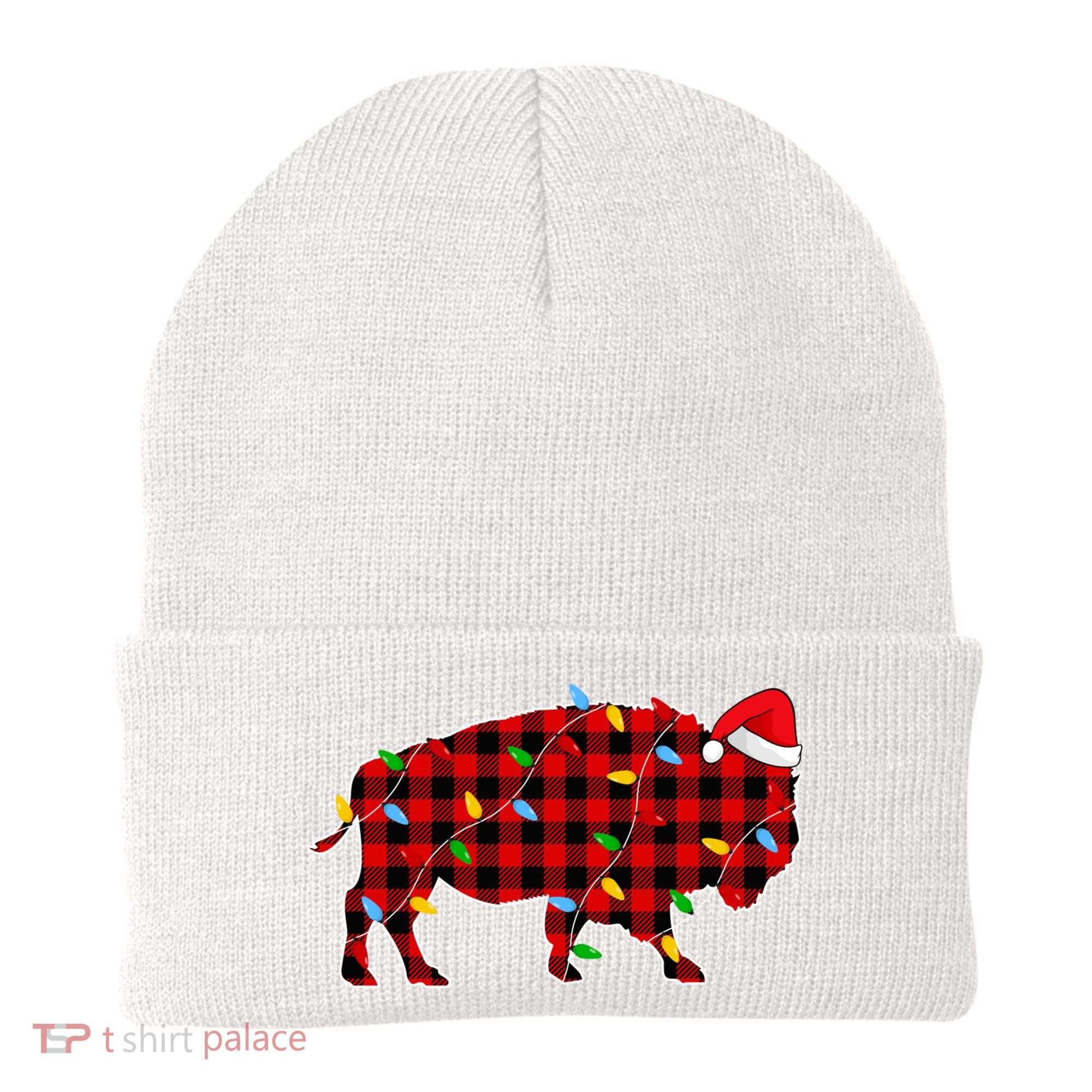Red Plaid Christmas Lights Pajama Bison Animals Lover Gift Beanie
