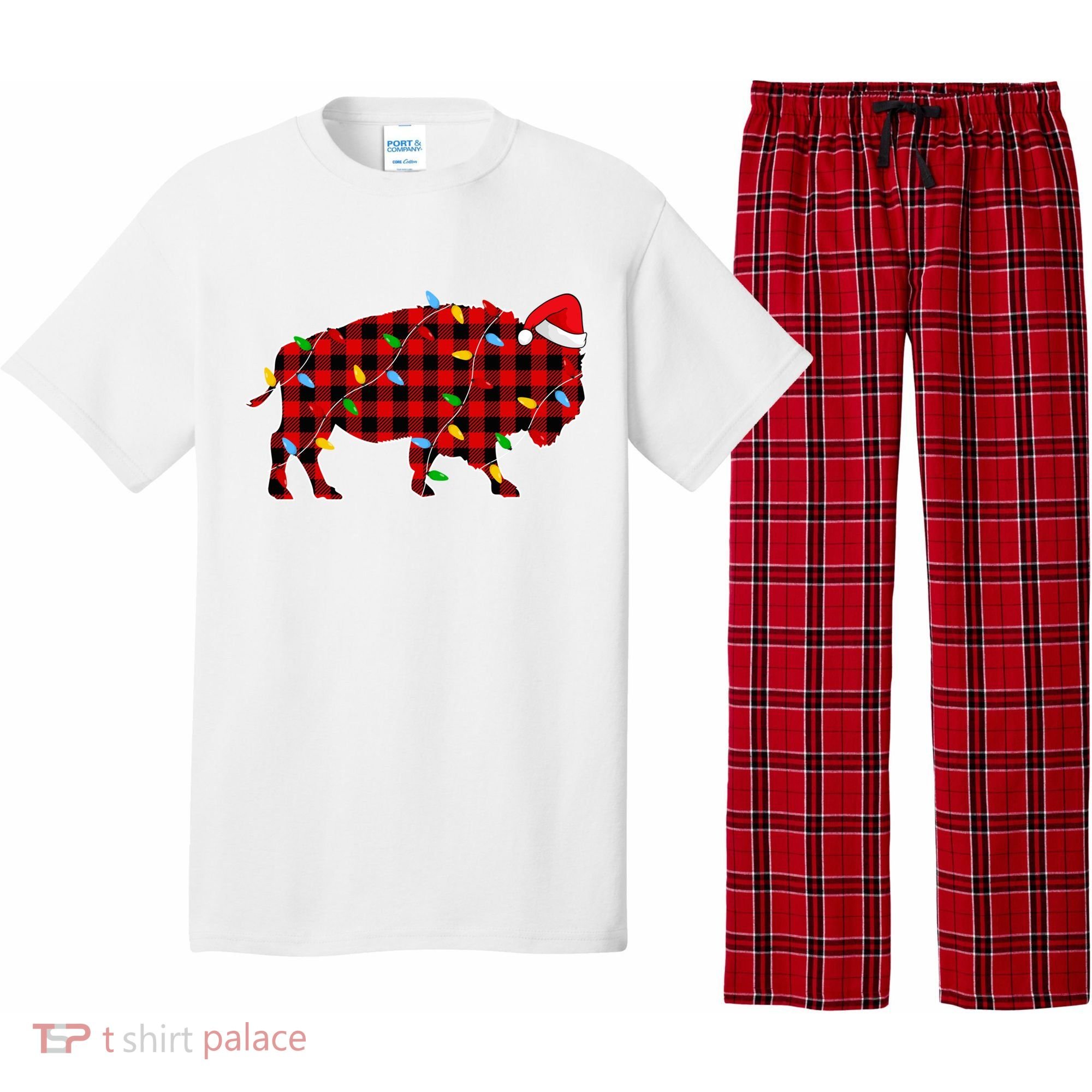 Red Plaid Christmas Lights Pajama Bison Animals Lover Gift Pajama Set