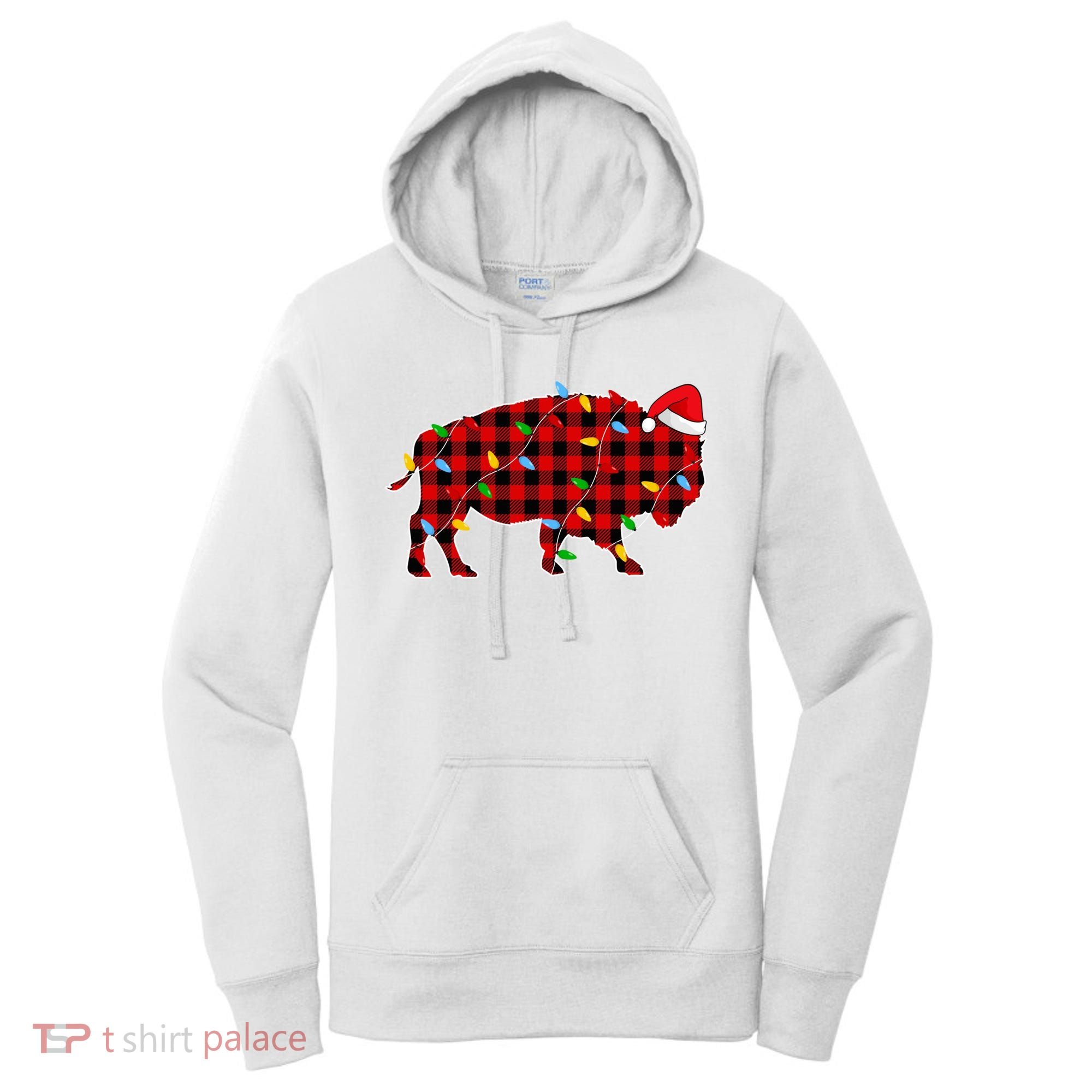Red Plaid Christmas Lights Pajama Bison Animals Lover Gift Women's Hoodie