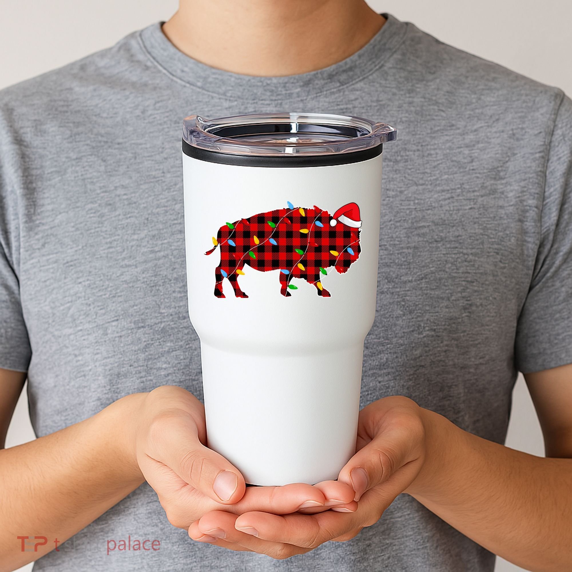 Red Plaid Christmas Lights Pajama Bison Animals Lover Gift Tumbler