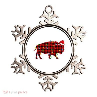 Red Plaid Christmas Lights Pajama Bison Animals Lover Gift Ornament