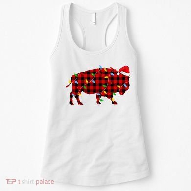 Red Plaid Christmas Lights Pajama Bison Animals Lover Gift Women's Tank Top