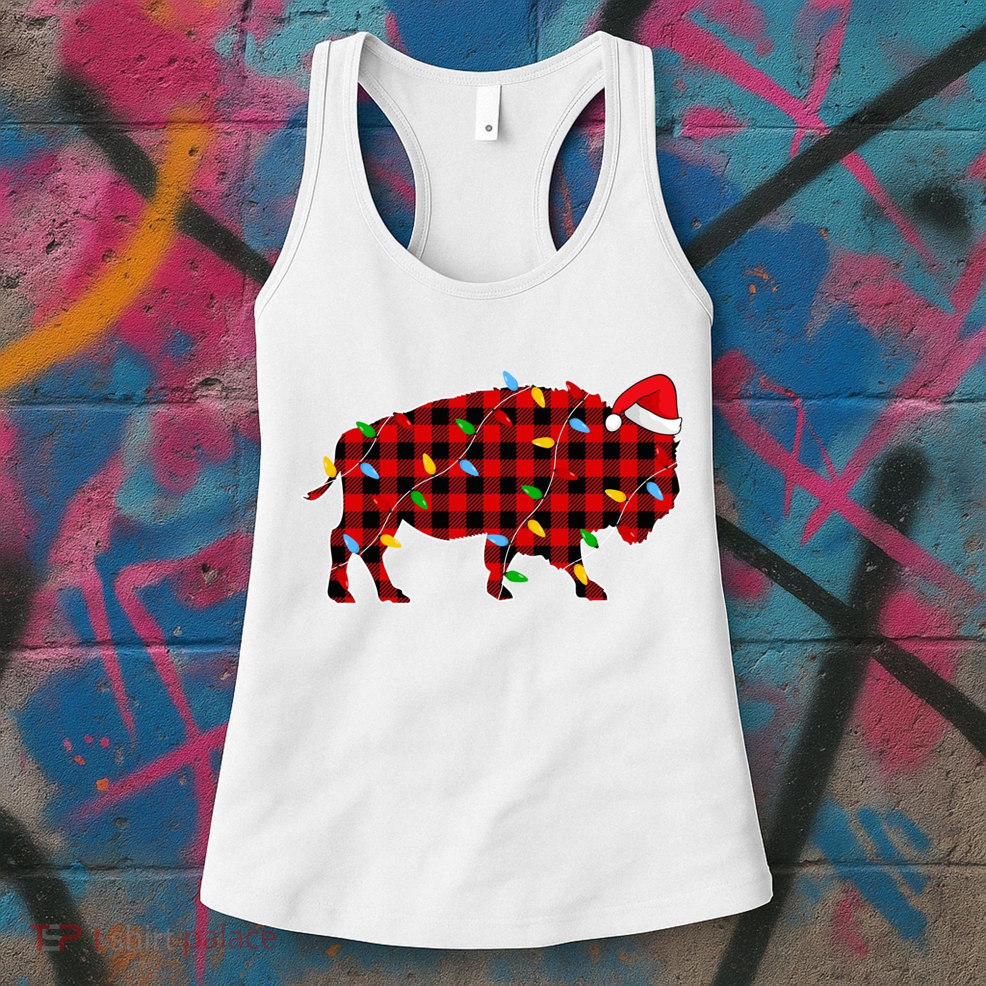 Red Plaid Christmas Lights Pajama Bison Animals Lover Gift Women's Tank Top