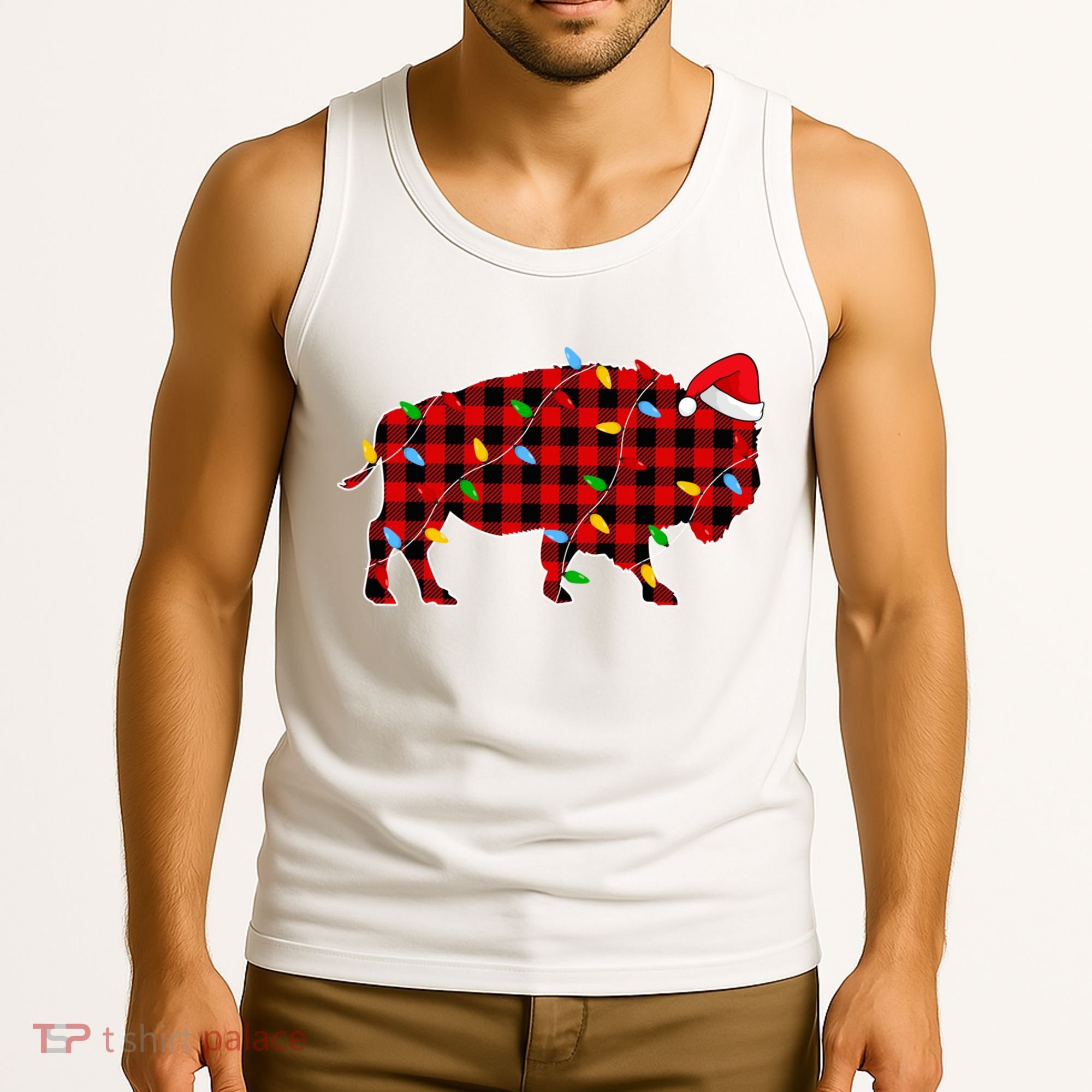 Red Plaid Christmas Lights Pajama Bison Animals Lover Gift Tank Top