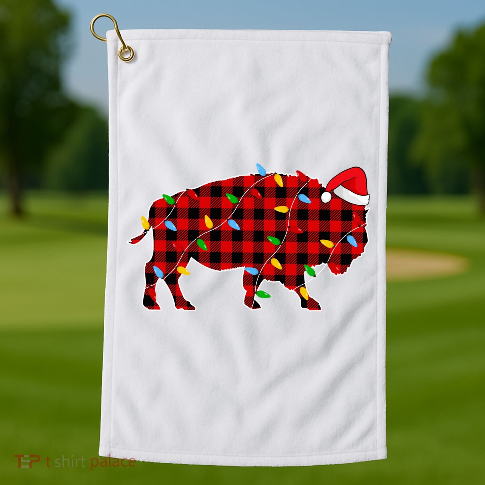 Red Plaid Christmas Lights Pajama Bison Animals Lover Gift Golf Towel