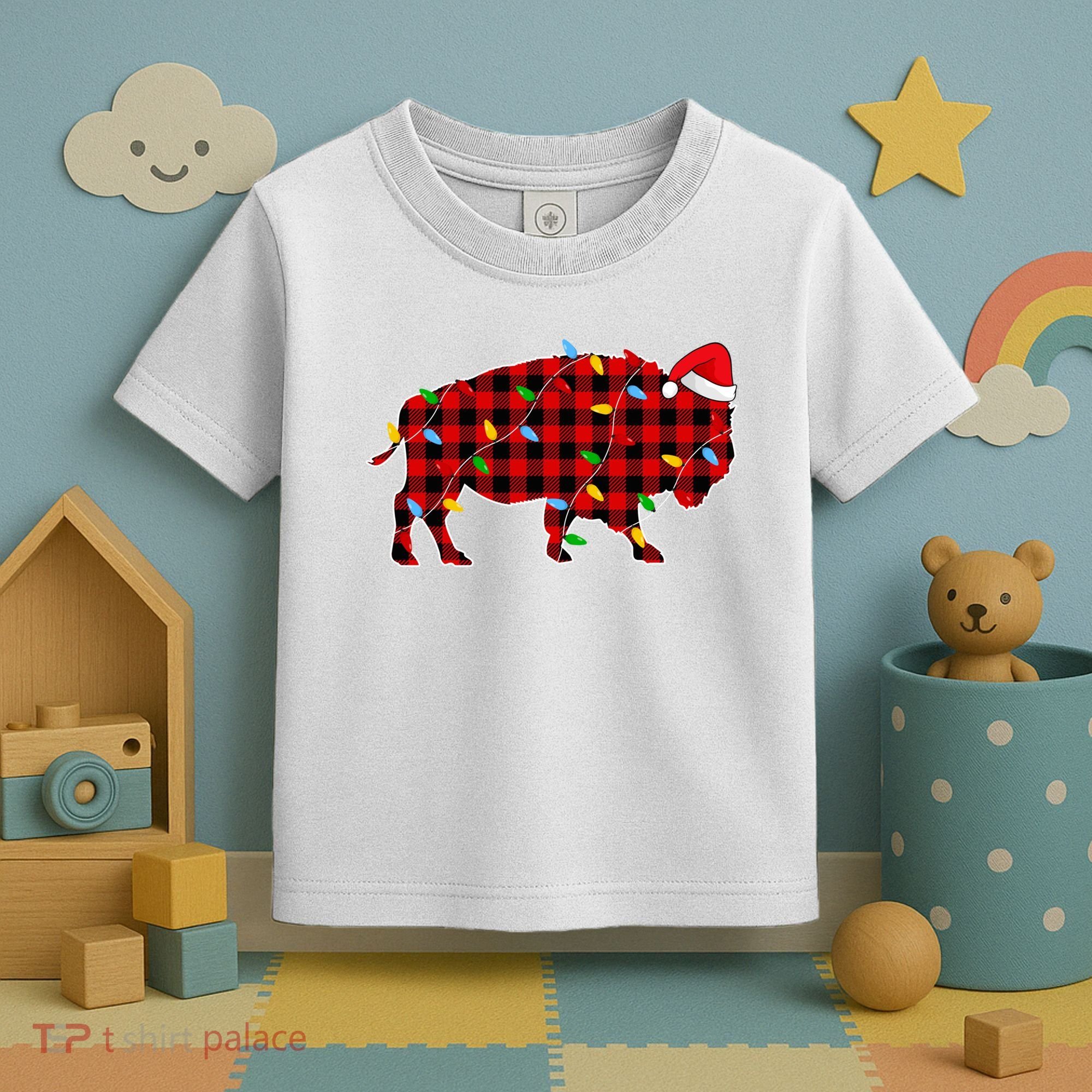 Red Plaid Christmas Lights Pajama Bison Animals Lover Gift Toddler T-Shirt