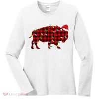 Red Plaid Christmas Lights Pajama Bison Animals Lover Gift Women's Long Sleeve Shirt thumb 0
