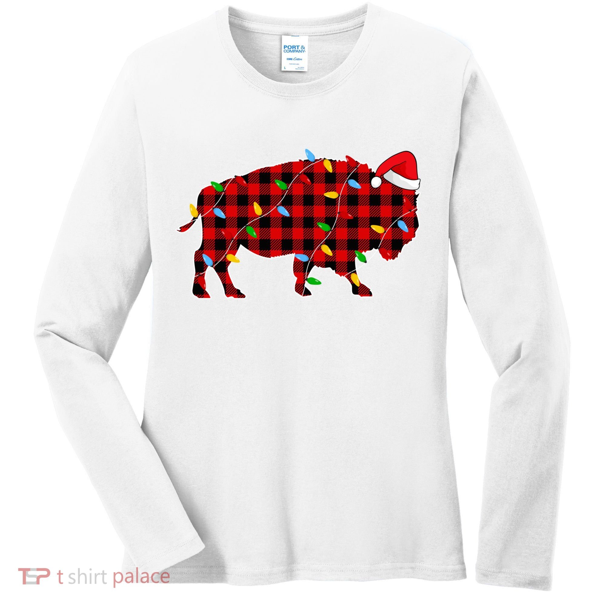 Red Plaid Christmas Lights Pajama Bison Animals Lover Gift Women's Long Sleeve Shirt