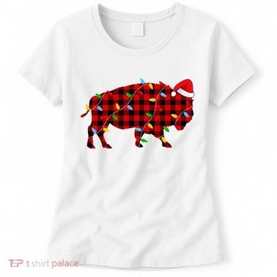 Red Plaid Christmas Lights Pajama Bison Animals Lover Gift Women's T-Shirt