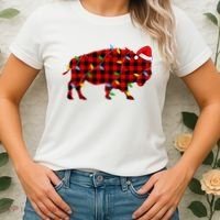 Red Plaid Christmas Lights Pajama Bison Animals Lover Gift Women's T-Shirt thumb 2