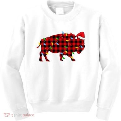 Red Plaid Christmas Lights Pajama Bison Animals Lover Gift Kids Sweatshirt