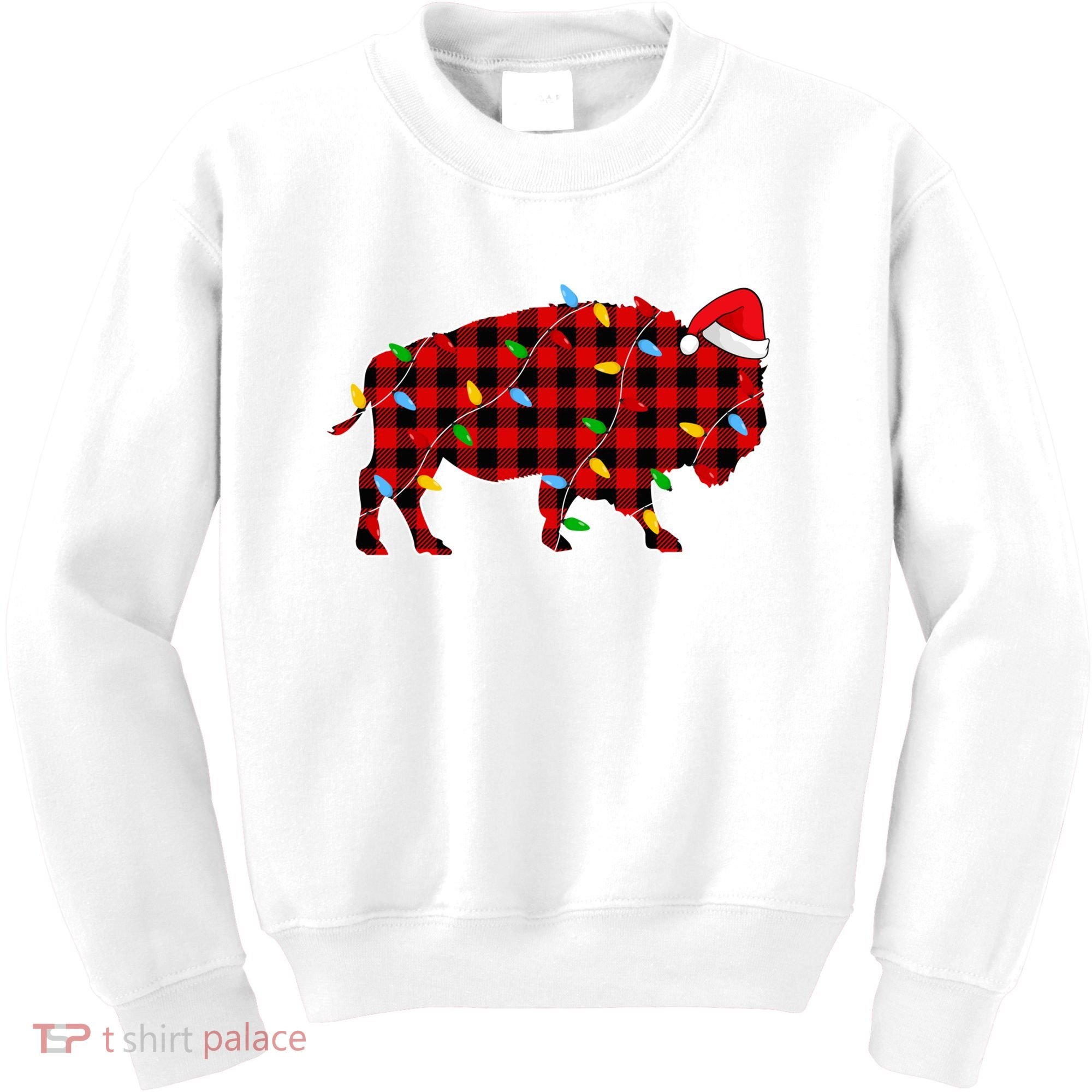 Red Plaid Christmas Lights Pajama Bison Animals Lover Gift Kids Sweatshirt