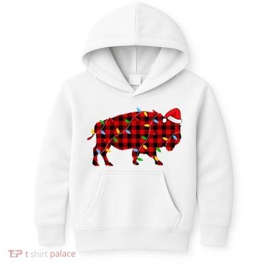 Red Plaid Christmas Lights Pajama Bison Animals Lover Gift Kids Hoodie
