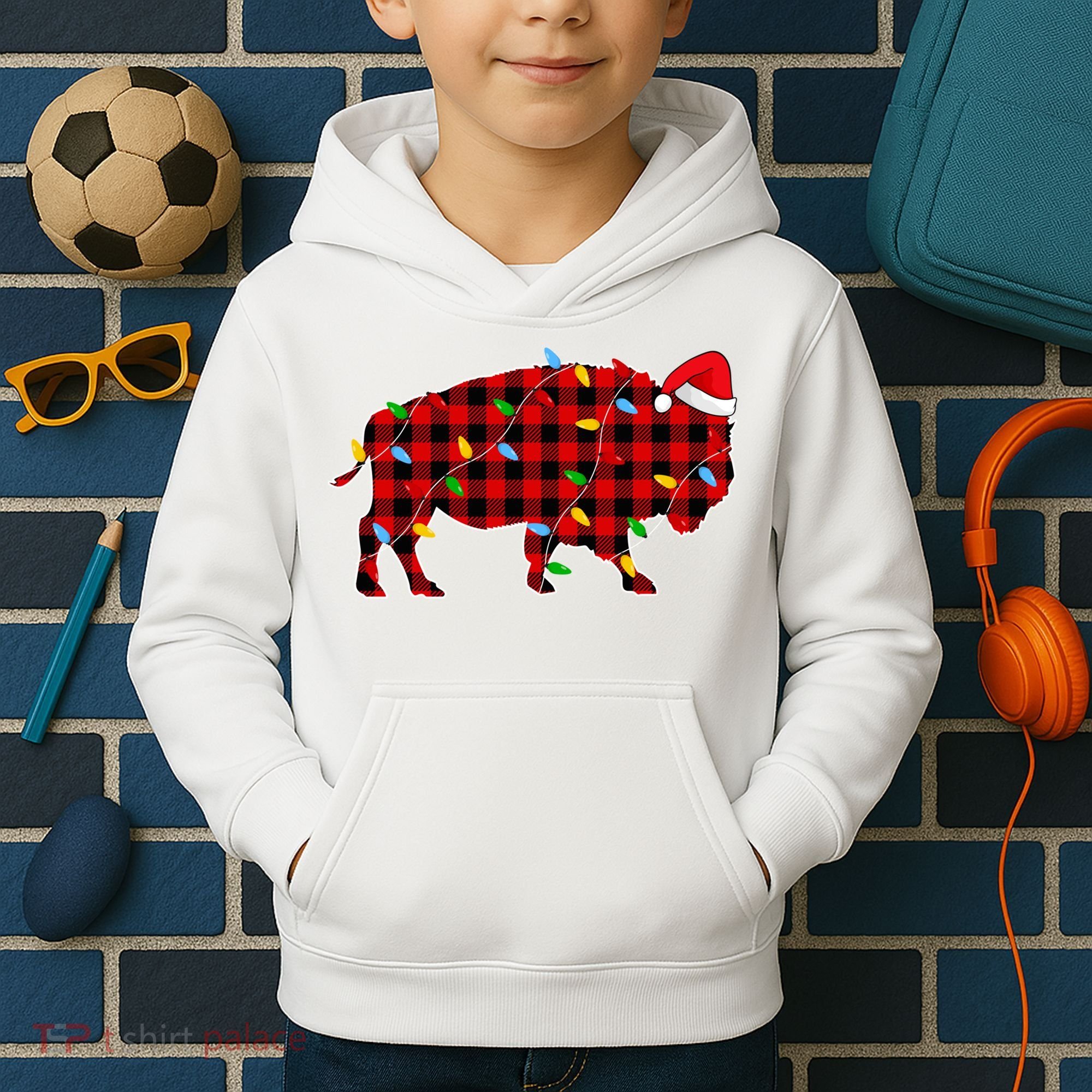 Red Plaid Christmas Lights Pajama Bison Animals Lover Gift Kids Hoodie
