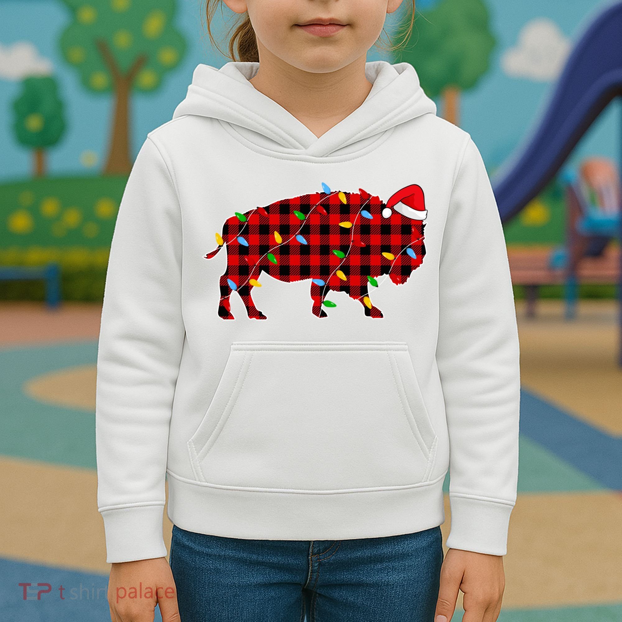Red Plaid Christmas Lights Pajama Bison Animals Lover Gift Kids Hoodie