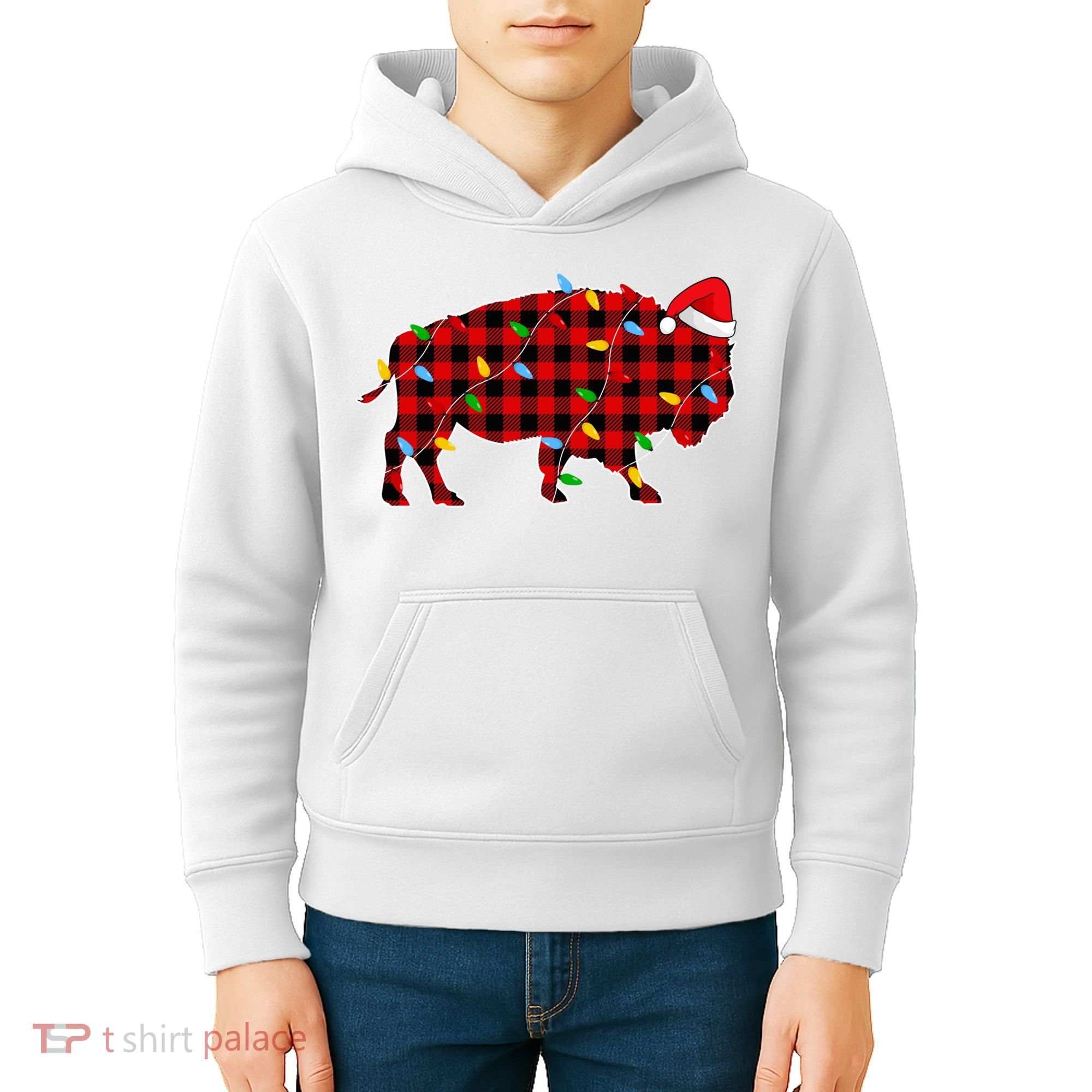 Red Plaid Christmas Lights Pajama Bison Animals Lover Gift Kids Hoodie