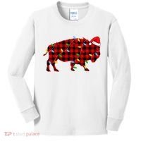 Red Plaid Christmas Lights Pajama Bison Animals Lover Gift Kids Long Sleeve Shirt thumb 0