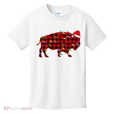 Red Plaid Christmas Lights Pajama Bison Animals Lover Gift Kids T-Shirt