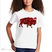 Red Plaid Christmas Lights Pajama Bison Animals Lover Gift Kids T-Shirt thumb 2