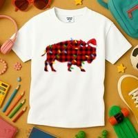 Red Plaid Christmas Lights Pajama Bison Animals Lover Gift Kids T-Shirt thumb 3