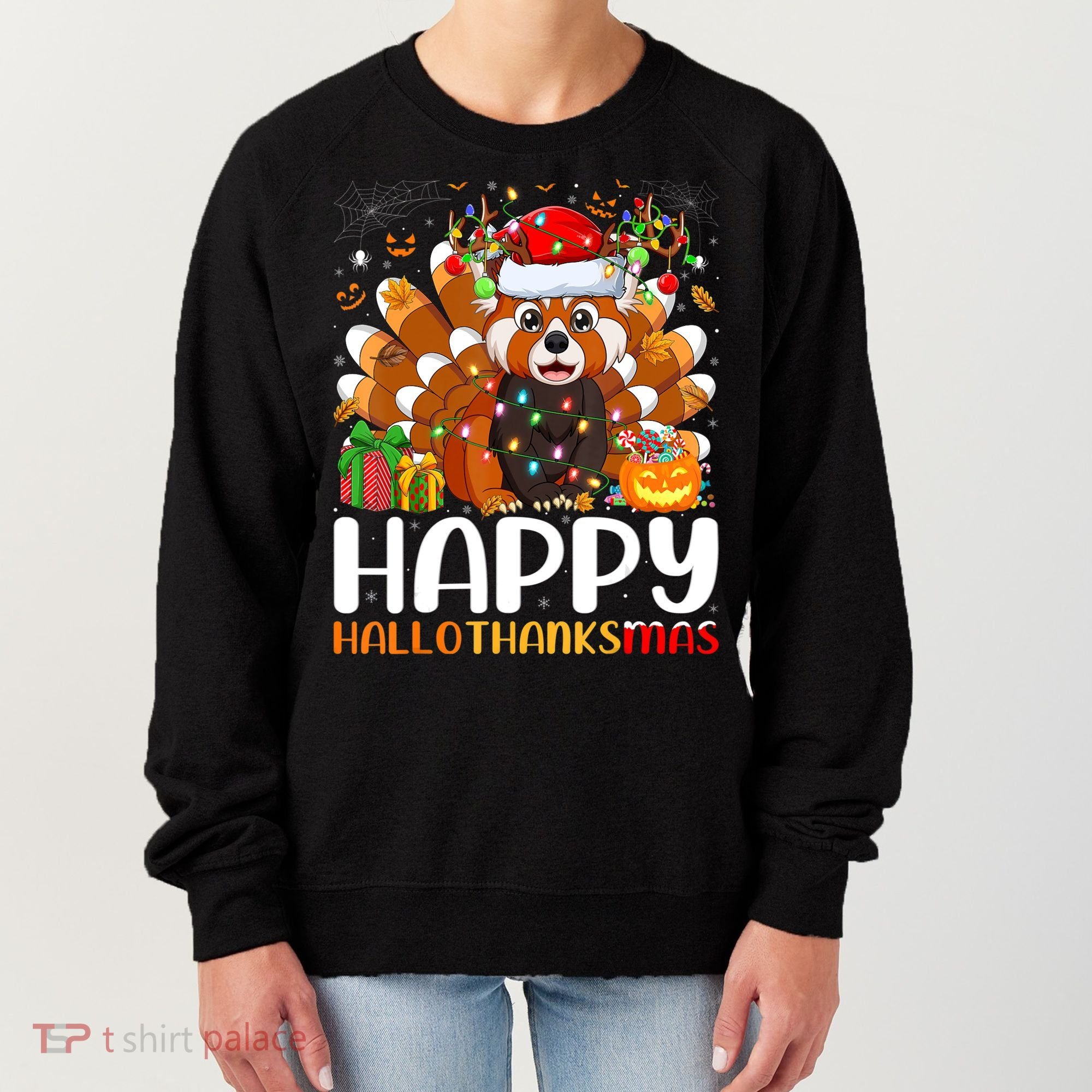 Red Panda Christmas Lights Santa Hat Pajamas Gift Women's Sweatshirt