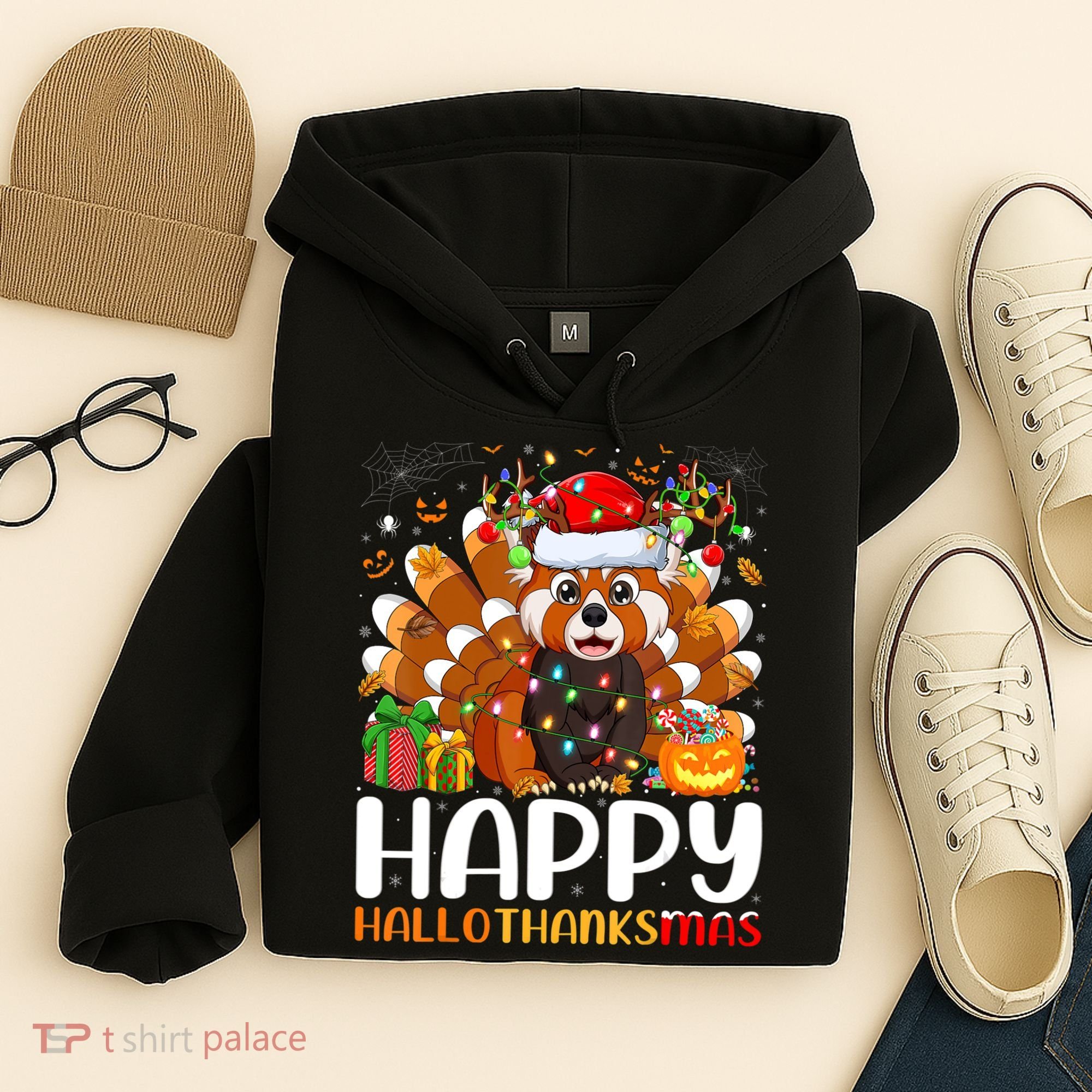 Red Panda Christmas Lights Santa Hat Pajamas Gift Hoodie