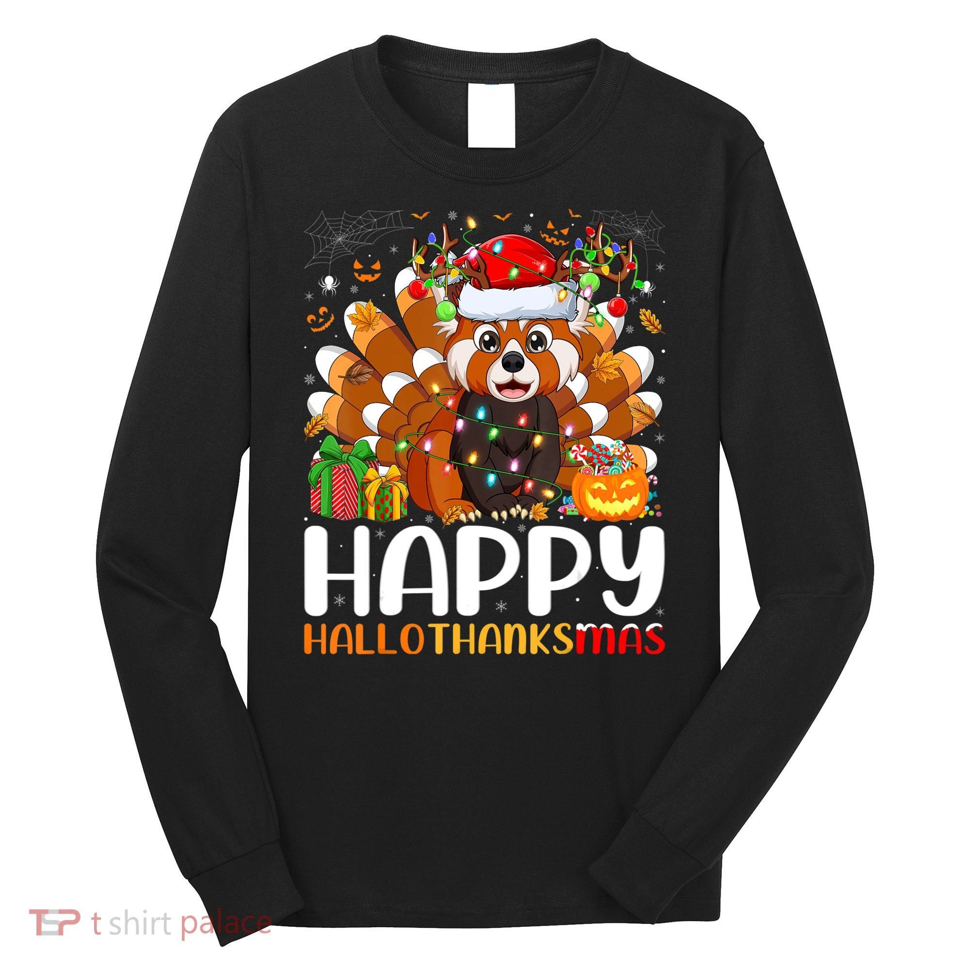 Red Panda Christmas Lights Santa Hat Pajamas Gift Long Sleeve Shirt