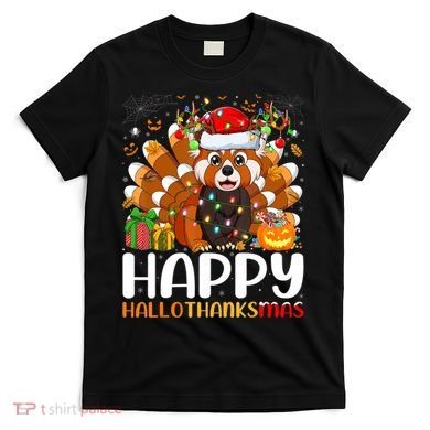 Red Panda Christmas Lights Santa Hat Pajamas Gift T-Shirt