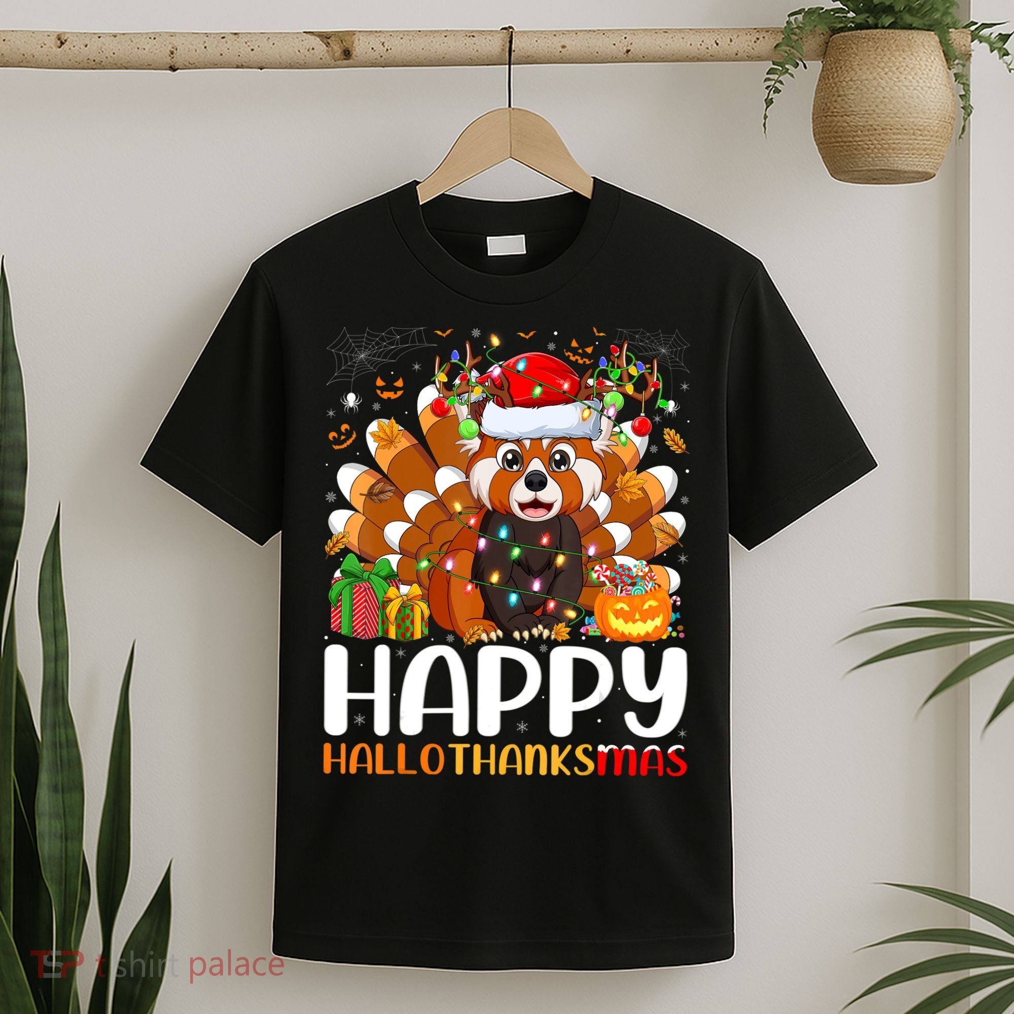 Red Panda Christmas Lights Santa Hat Pajamas Gift T-Shirt