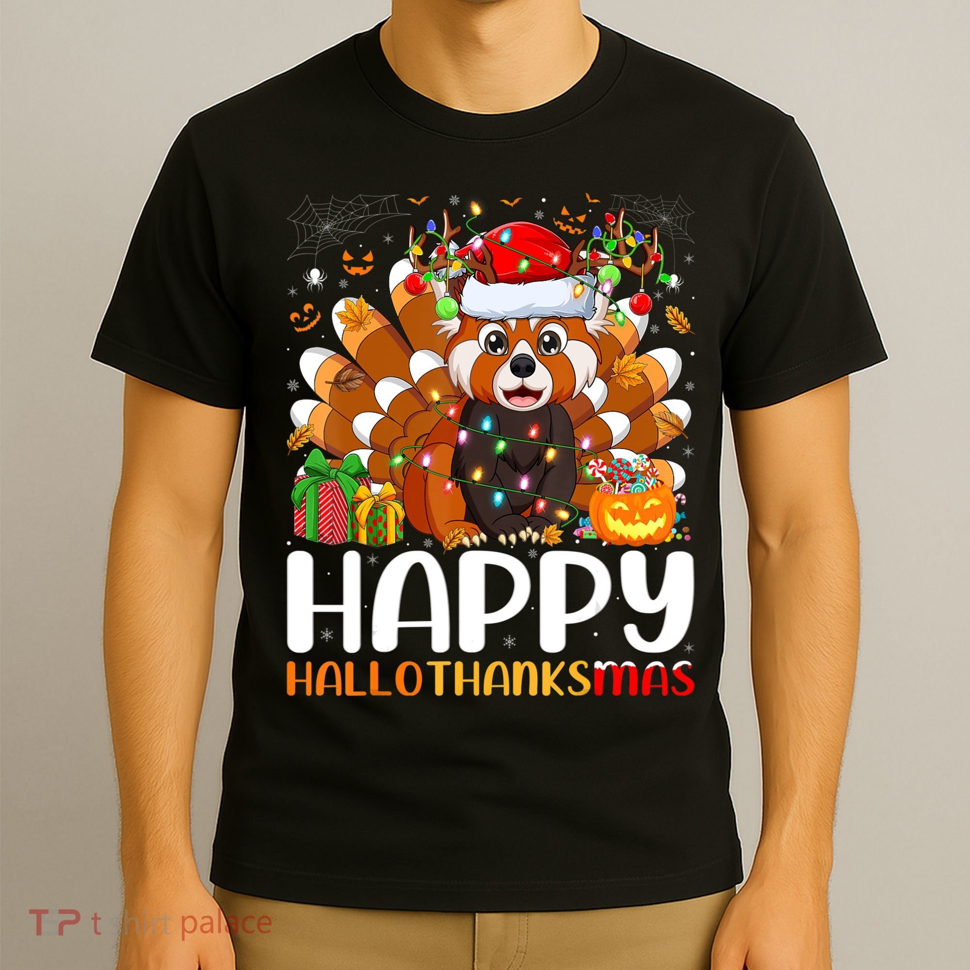 Red Panda Christmas Lights Santa Hat Pajamas Gift T-Shirt