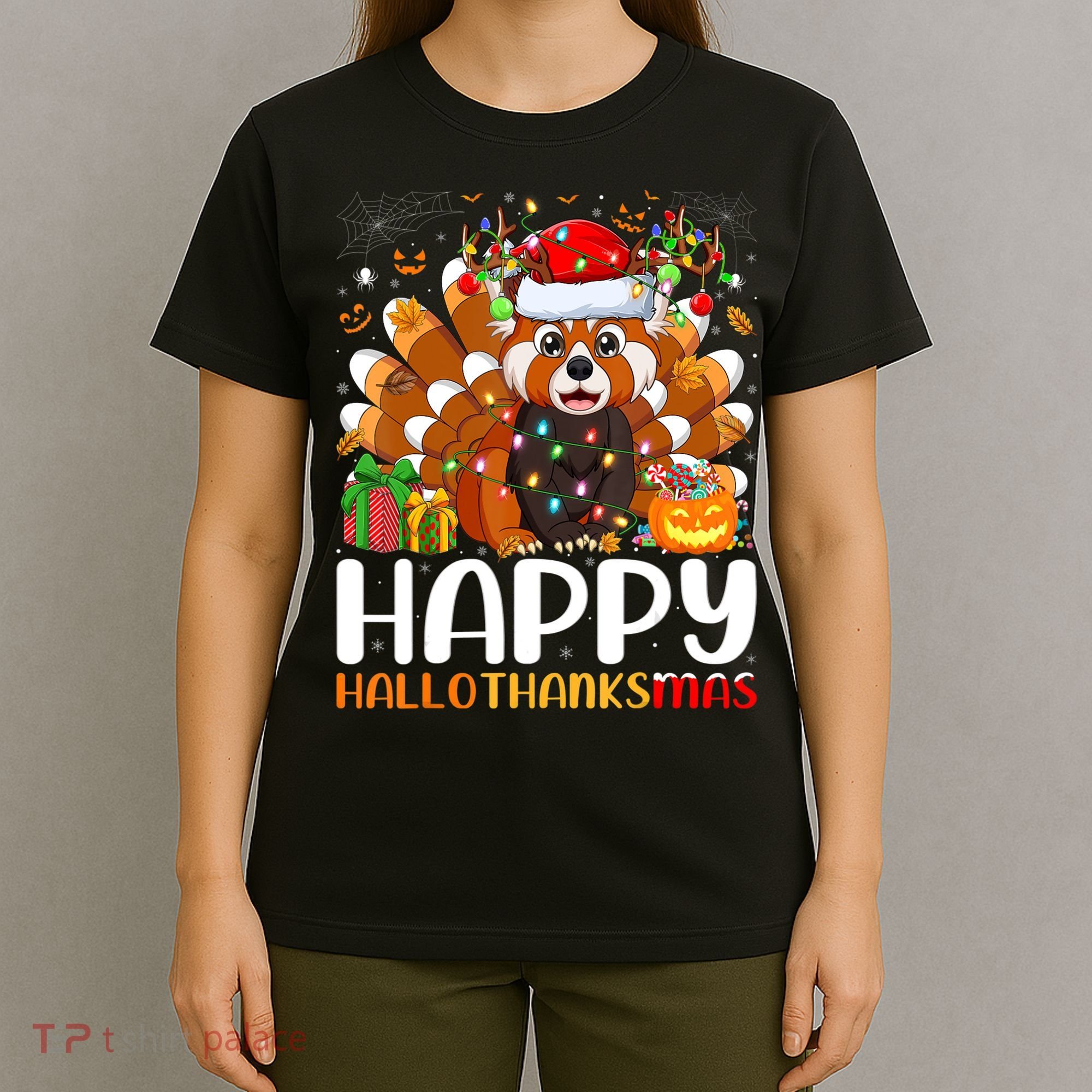 Red Panda Christmas Lights Santa Hat Pajamas Gift T-Shirt