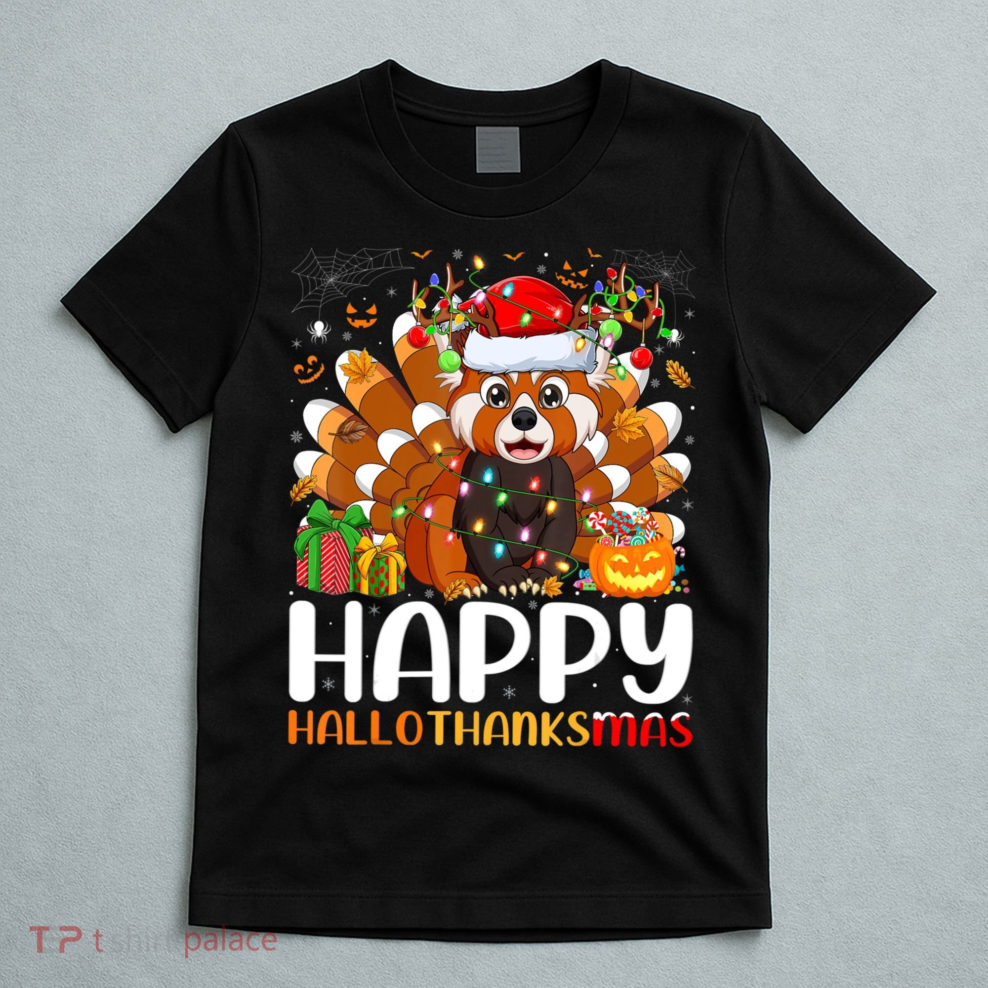 Red Panda Christmas Lights Santa Hat Pajamas Gift T-Shirt