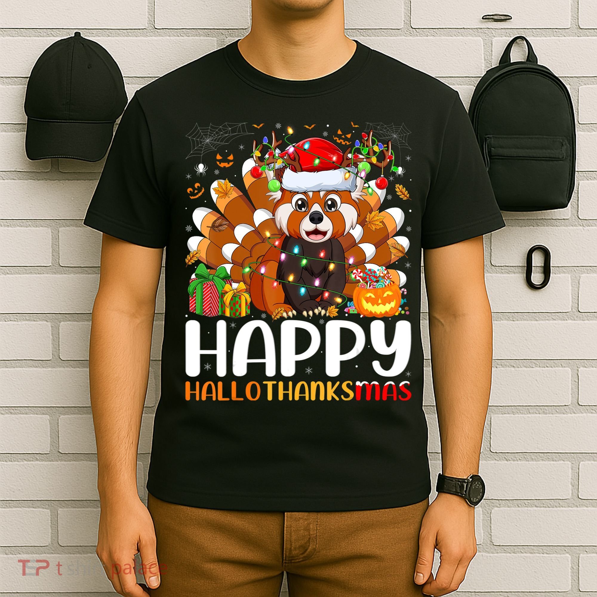 Red Panda Christmas Lights Santa Hat Pajamas Gift T-Shirt