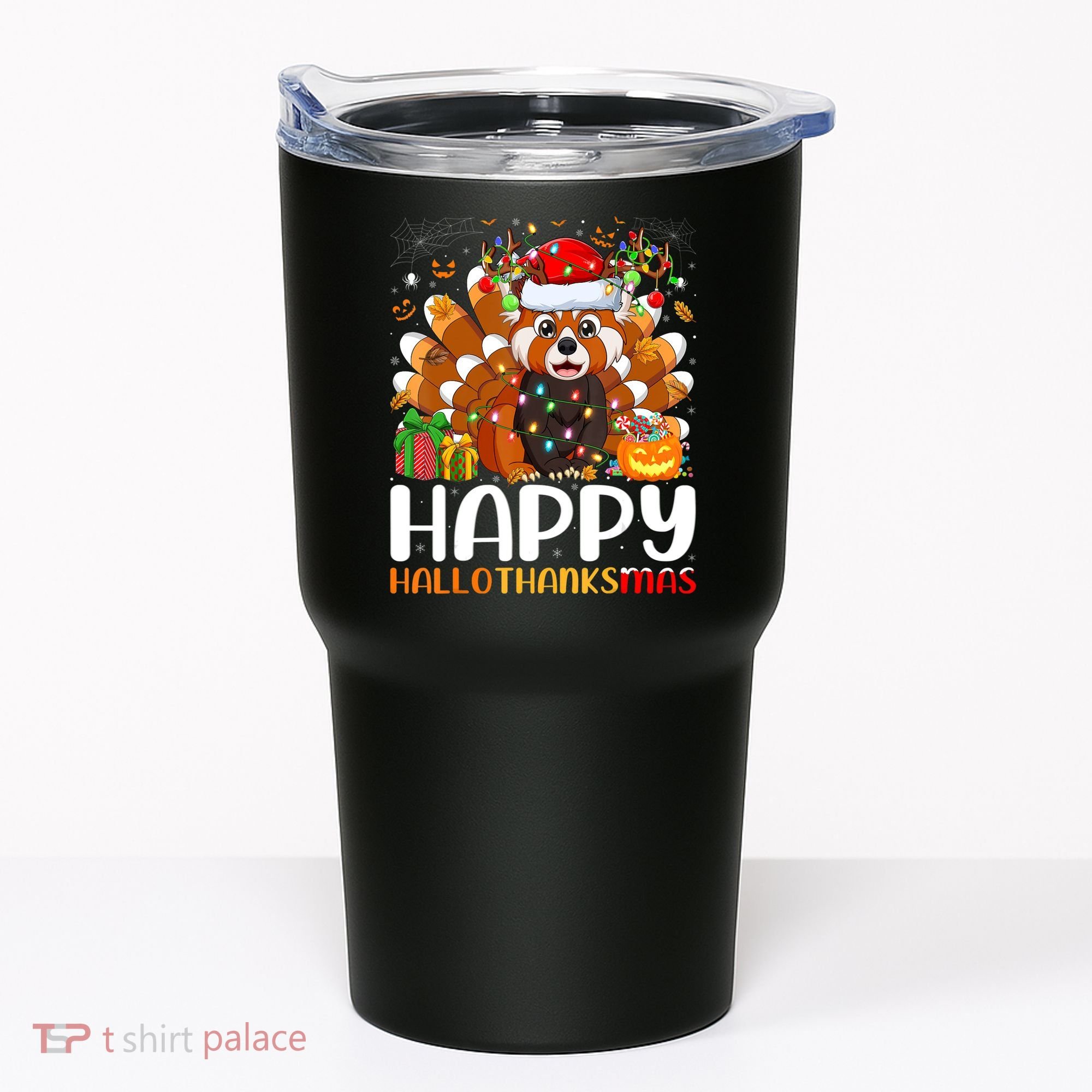 Red Panda Christmas Lights Santa Hat Pajamas Gift Tumbler
