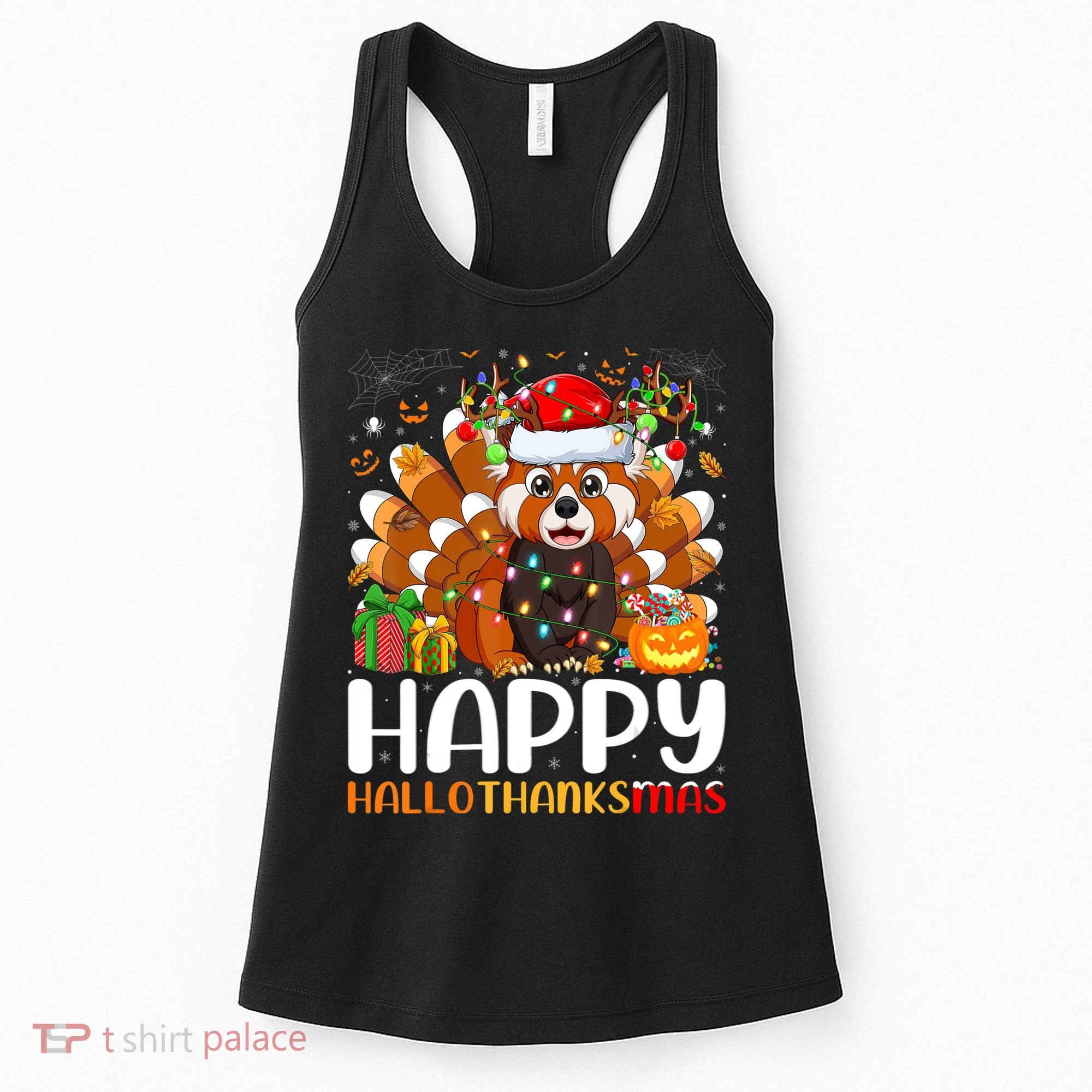 Red Panda Christmas Lights Santa Hat Pajamas Gift Women's Tank Top