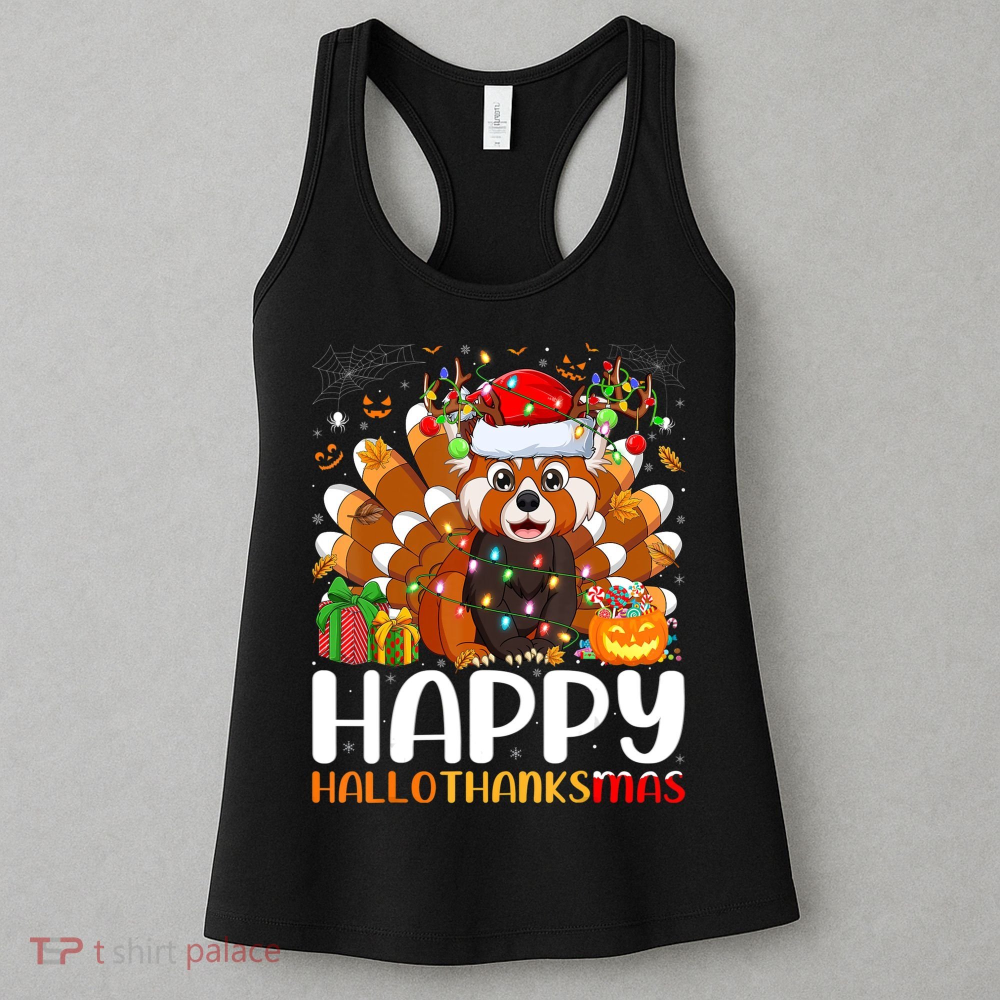 Red Panda Christmas Lights Santa Hat Pajamas Gift Women's Tank Top