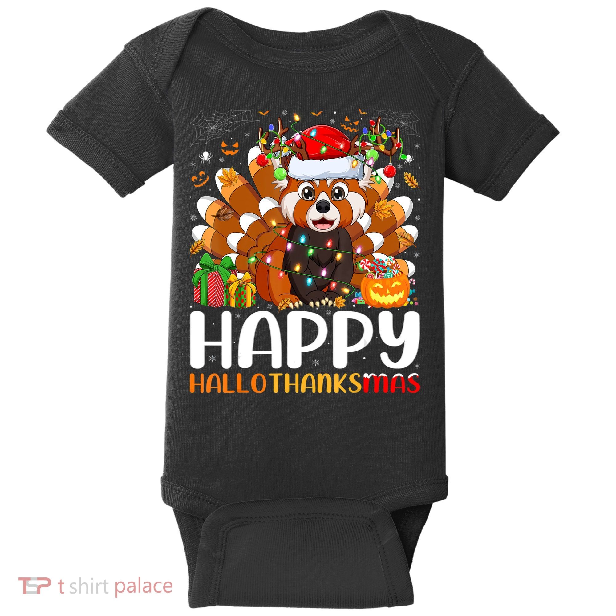 Red Panda Christmas Lights Santa Hat Pajamas Gift Baby Bodysuit