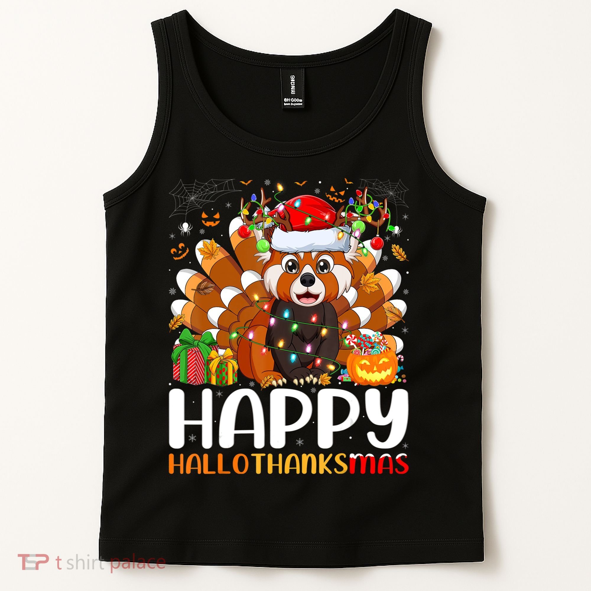 Red Panda Christmas Lights Santa Hat Pajamas Gift Tank Top